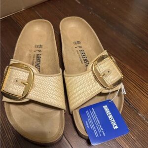 NWT Birkenstock Raffia Big Buckle Madrid Slides in Natural